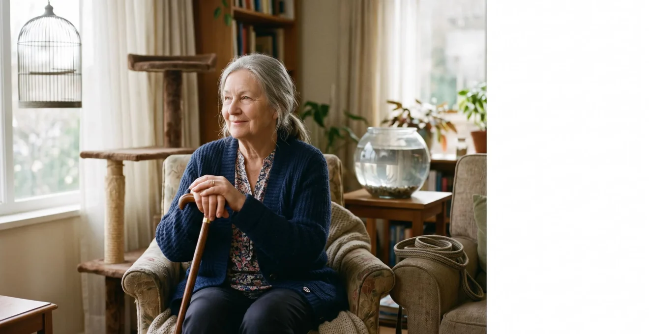 Une personne âgée de 75 ans entourée symboliquement des silhouettes de quatre compagnons possibles : chien, chat, oiseau et poisson