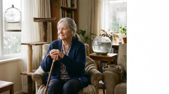 Une personne âgée de 75 ans entourée symboliquement des silhouettes de quatre compagnons possibles : chien, chat, oiseau et poisson