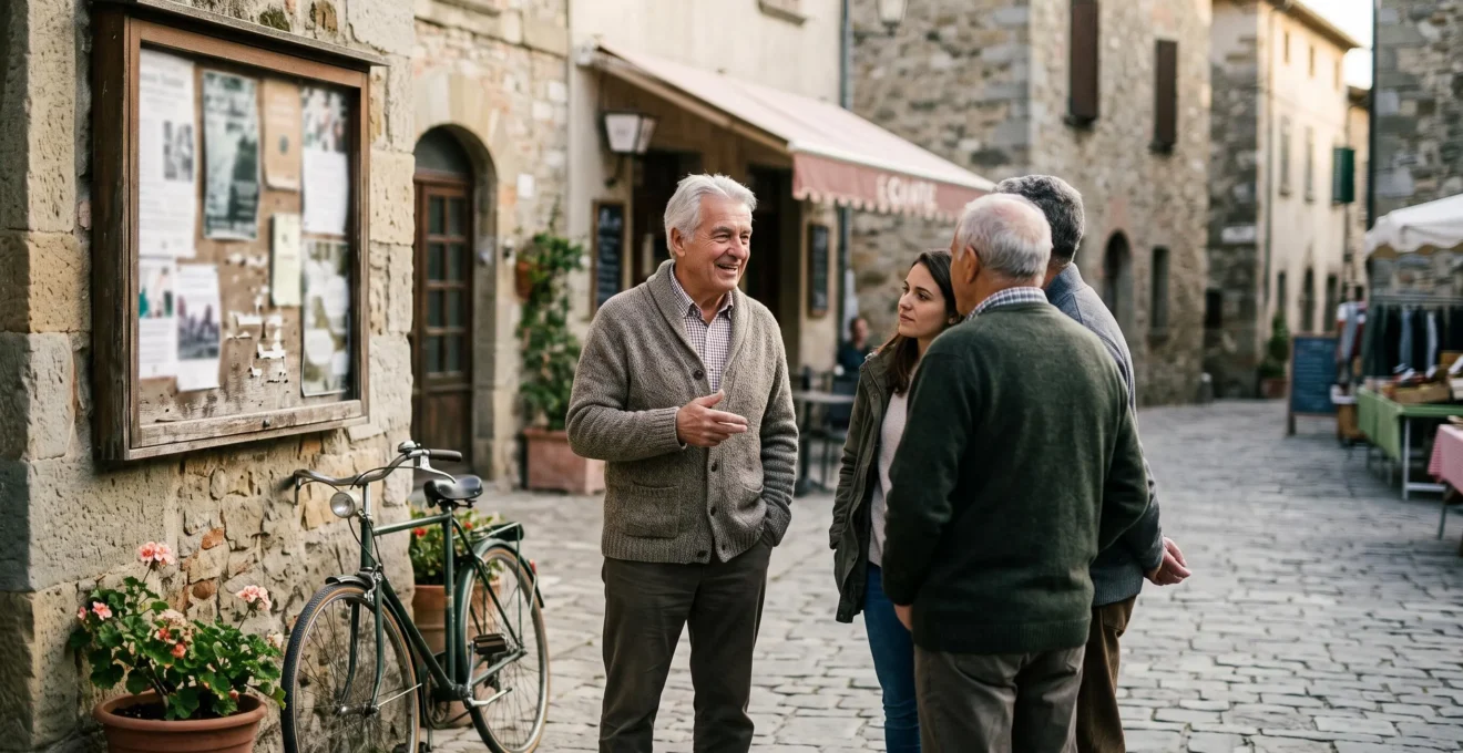 Une personne senior souriante échangeant avec des voisins sur une place de village animée
