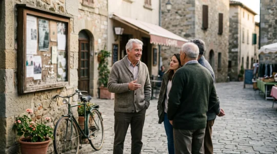 Une personne senior souriante échangeant avec des voisins sur une place de village animée