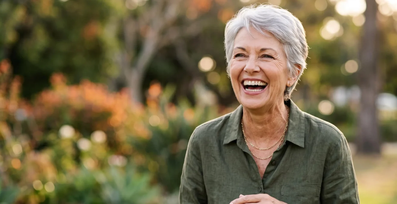 Portrait chaleureux d'une personne senior souriante et pleine de vitalité, incarnant un état d'esprit positif face au vieillissement