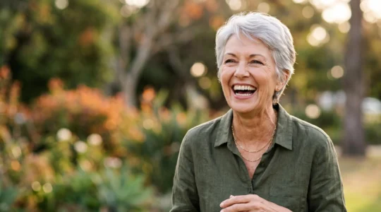 Portrait chaleureux d'une personne senior souriante et pleine de vitalité, incarnant un état d'esprit positif face au vieillissement