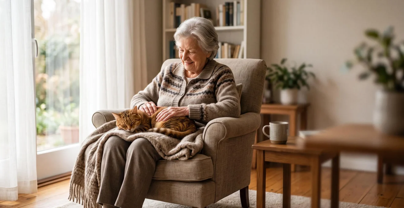 Personne senior assise confortablement chez elle avec un chat paisible sur les genoux, dans une ambiance chaleureuse et lumineuse