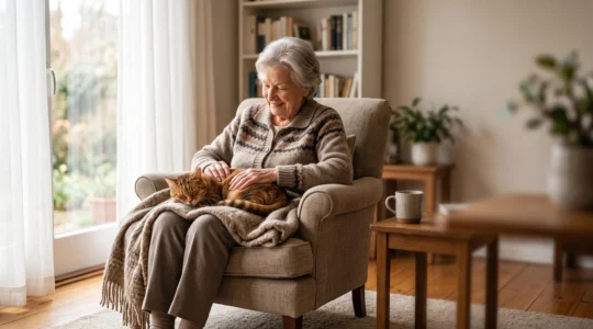 Personne senior assise confortablement chez elle avec un chat paisible sur les genoux, dans une ambiance chaleureuse et lumineuse