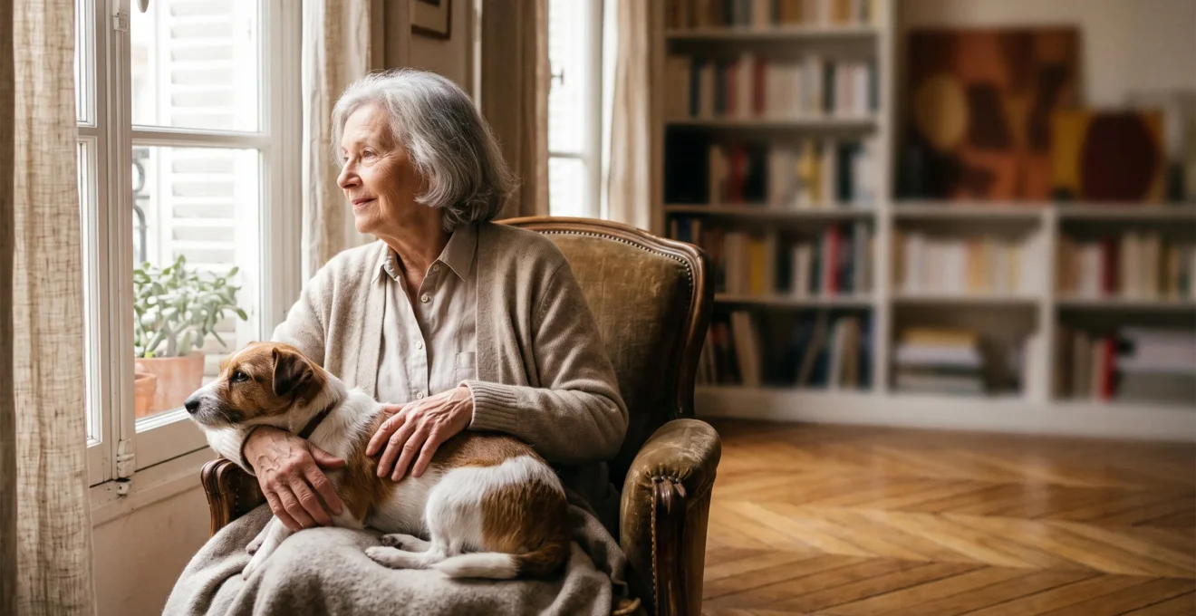Personne âgée souriante assise dans un salon lumineux, en compagnie complice d'un petit chien calme à ses côtés