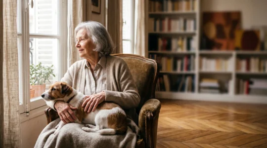 Personne âgée souriante assise dans un salon lumineux, en compagnie complice d'un petit chien calme à ses côtés