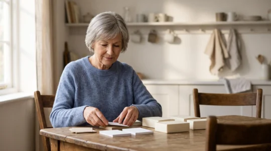 Illustration éditoriale représentant une personne âgée organisant sereinement son suivi médical entre plusieurs spécialistes