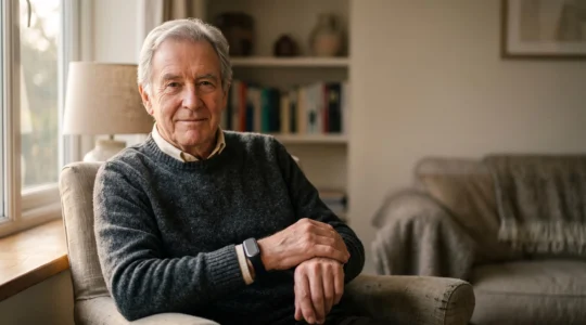 Senior souriant portant un bracelet de téléassistance discret au poignet, illustrant un port confortable jour et nuit