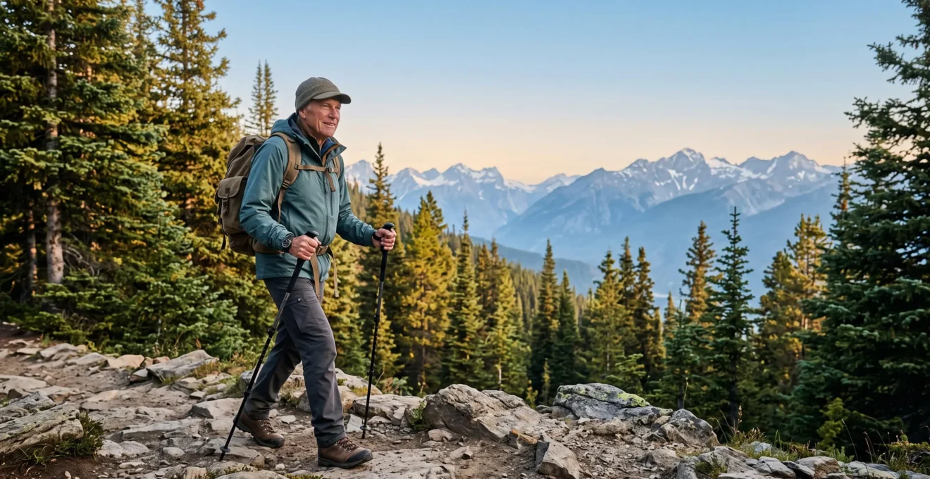 Un senior actif marchant avec des bâtons de randonnée sur un sentier de montagne ensoleillé, illustrant une pratique sûre et sereine de la randonnée après 70 ans.