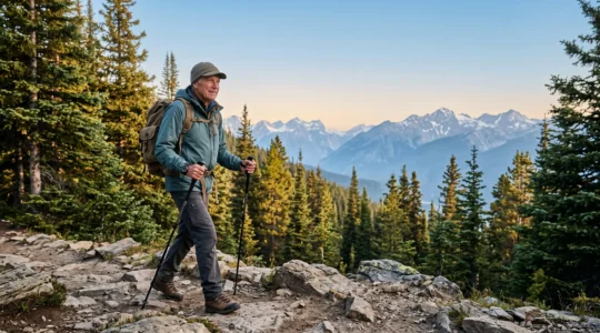 Un senior actif marchant avec des bâtons de randonnée sur un sentier de montagne ensoleillé, illustrant une pratique sûre et sereine de la randonnée après 70 ans.