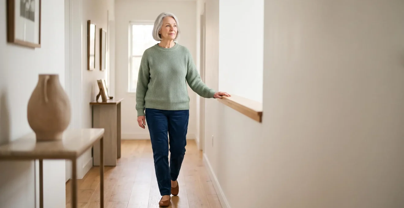 Personne âgée de plus de 75 ans marchant avec assurance et sourire dans un intérieur lumineux et sécurisé