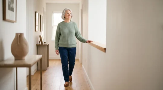 Personne âgée de plus de 75 ans marchant avec assurance et sourire dans un intérieur lumineux et sécurisé