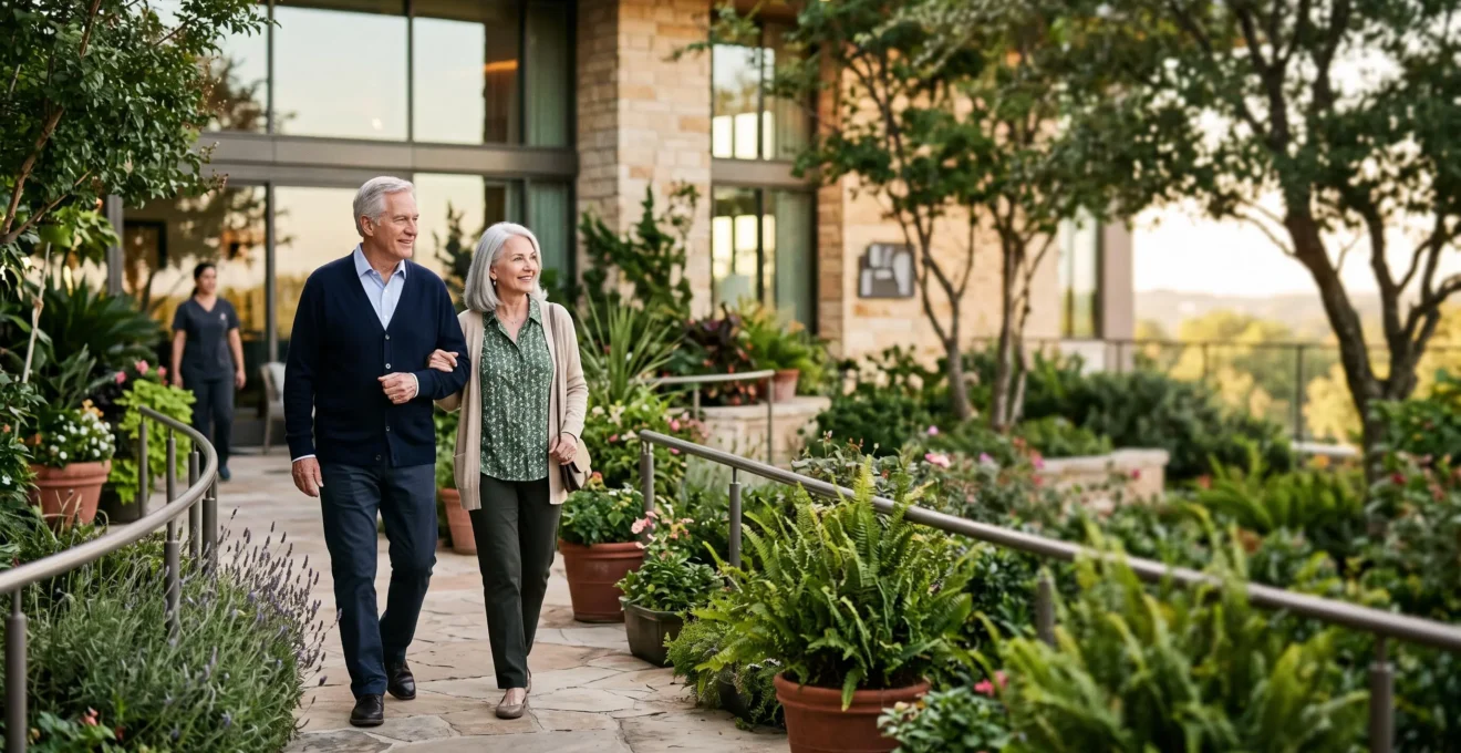 Couple de seniors visitant le jardin lumineux d'une résidence services, symbole d'un choix de vie serein