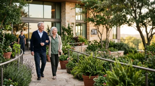 Couple de seniors visitant le jardin lumineux d'une résidence services, symbole d'un choix de vie serein