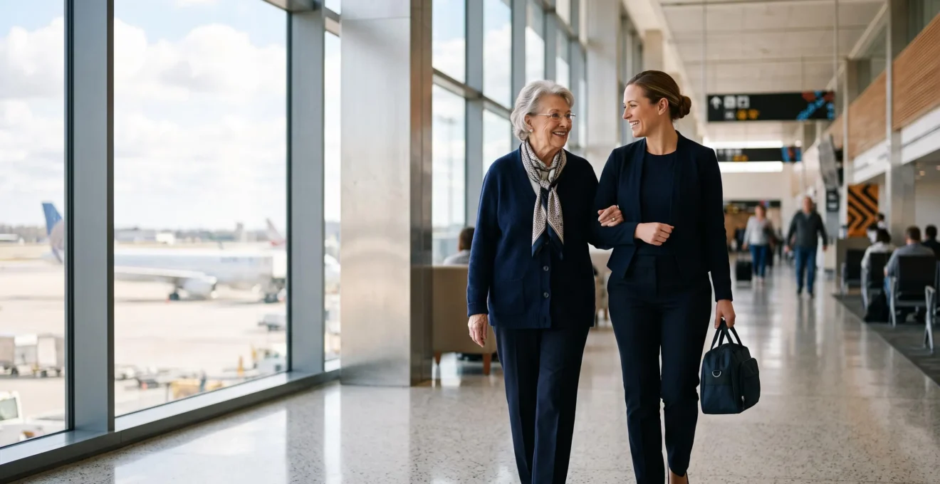 Personne âgée souriante accompagnée par un professionnel de santé dans un aéroport lumineux avant un vol