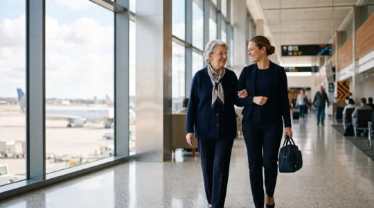 Personne âgée souriante accompagnée par un professionnel de santé dans un aéroport lumineux avant un vol