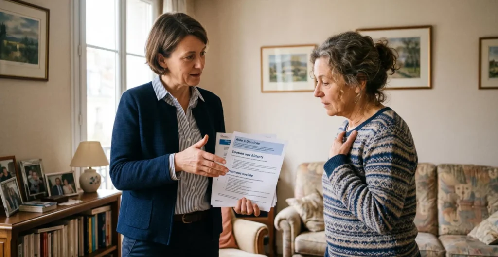 Professionnelle médico-sociale expliquant les aides financières disponibles à un proche aidant lors d'un échange à domicile Professionnelle médico-sociale expliquant les aides financières disponibles à un proche aidant lors d'un échange à domicile