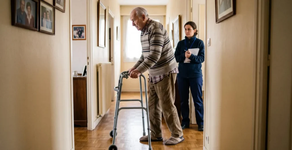 Personne âgée se déplaçant avec un déambulateur dans son domicile observée par une évaluatrice professionnelle Personne âgée se déplaçant avec un déambulateur dans son domicile observée par une évaluatrice professionnelle