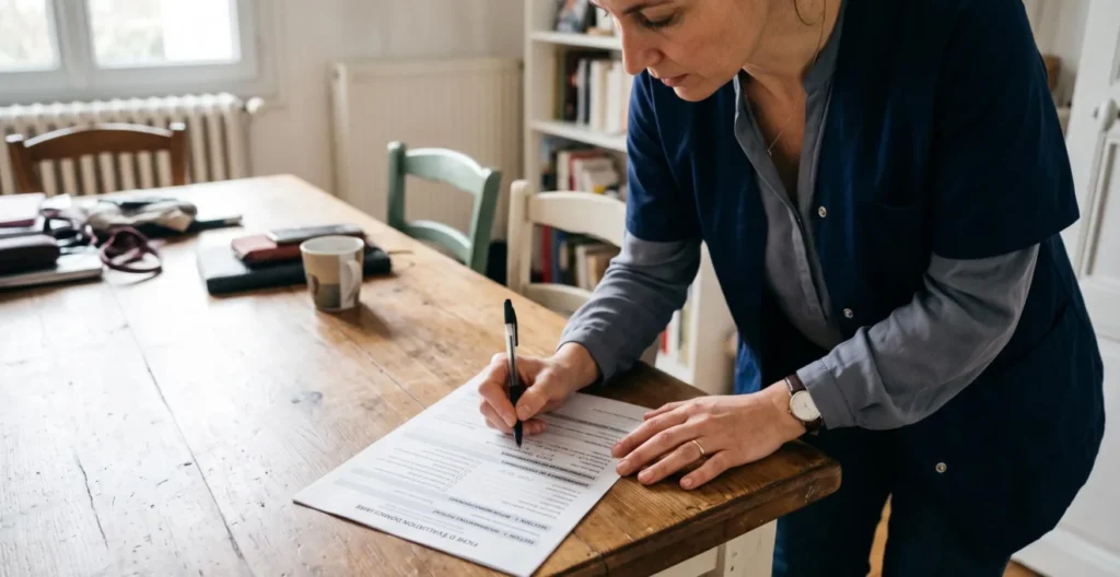 Professionnelle médico-sociale complétant une grille d'évaluation AGGIR sur une table lors d'une visite à domicile Professionnelle médico-sociale complétant une grille d'évaluation AGGIR sur une table lors d'une visite à domicile